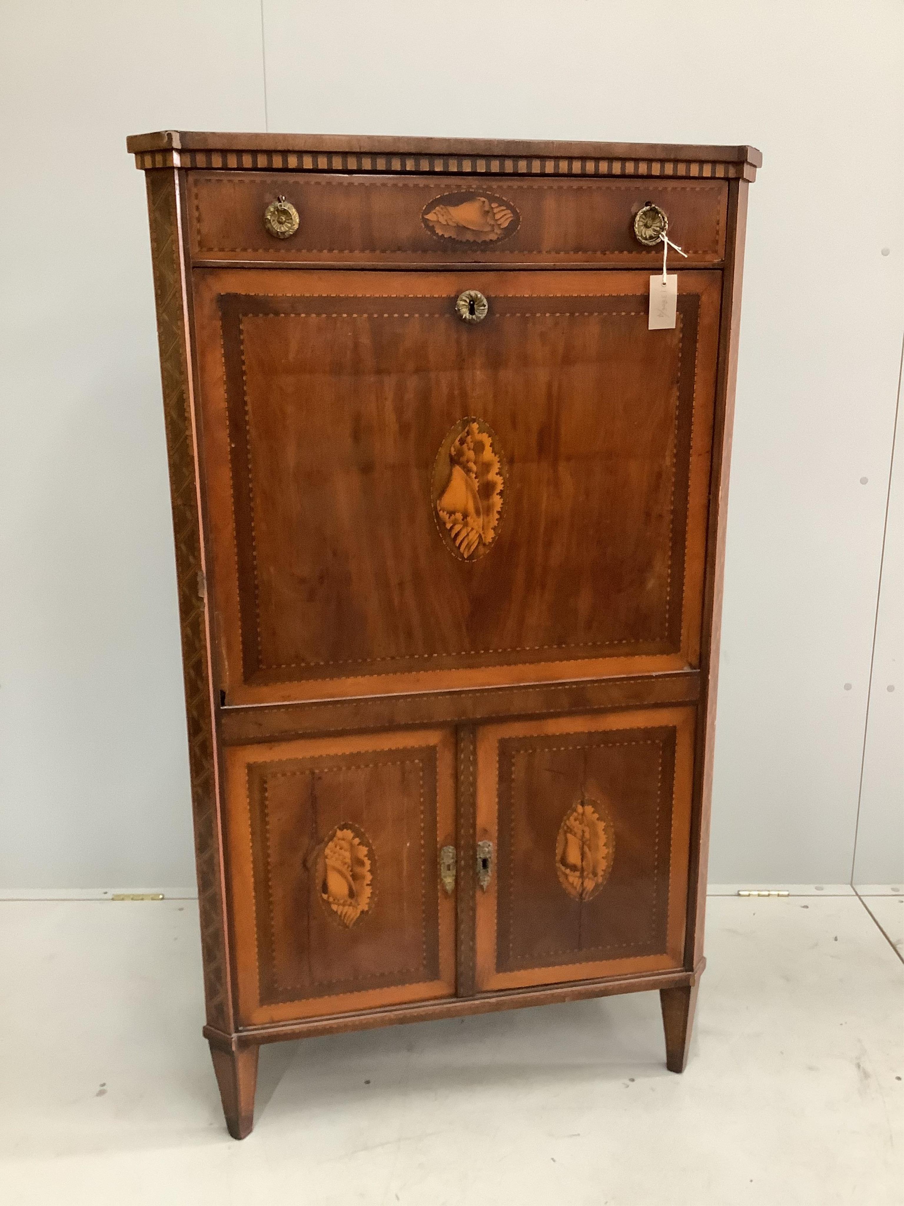 An early 19th century Dutch marquetry inlaid mahogany secretaire à abbatant, width 82cm, depth 41cm, height 143cm